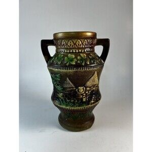 Vintage 1960s Norleans Redware Egyptian Pyramids Shamrock Two Handled Vase 6.5”